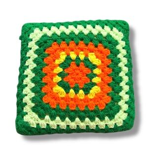 Vintage Granny Square Pillow Handcrafted Cushion Green Orange 70s Retro Boho